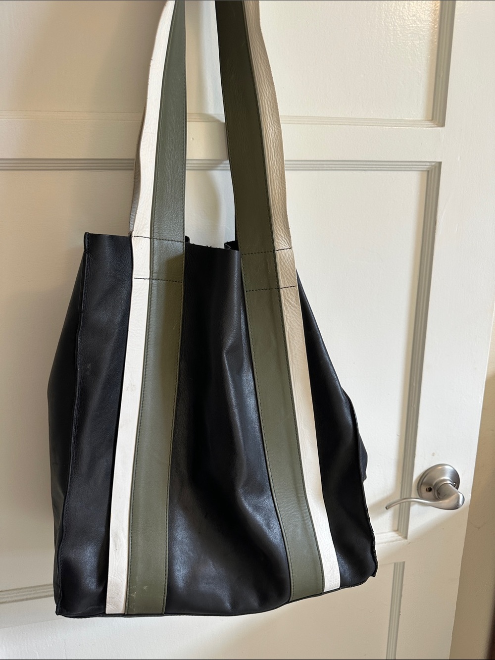 St Agni Black Leather Tote with Olive and White Stripes